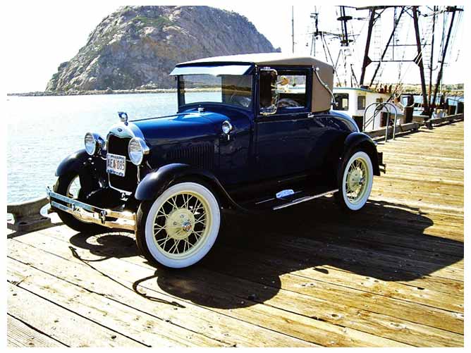 The Model A on the pier with the Rock in the background.